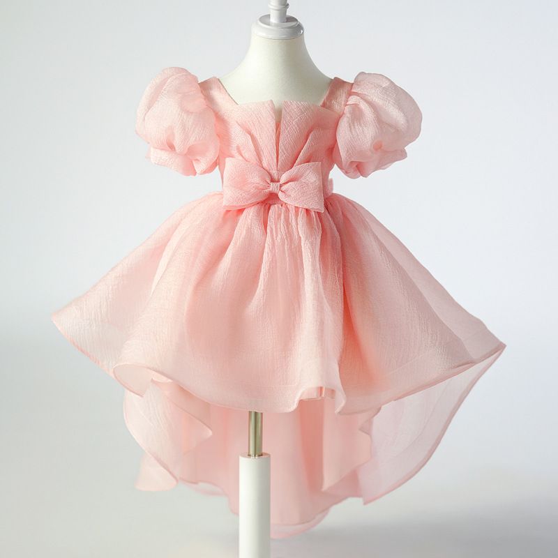 Girls' Puff Sleeve High-Low Princess Dress - 2024 Summer Collection, Elegant Bowknot Party and Birthday Outfit