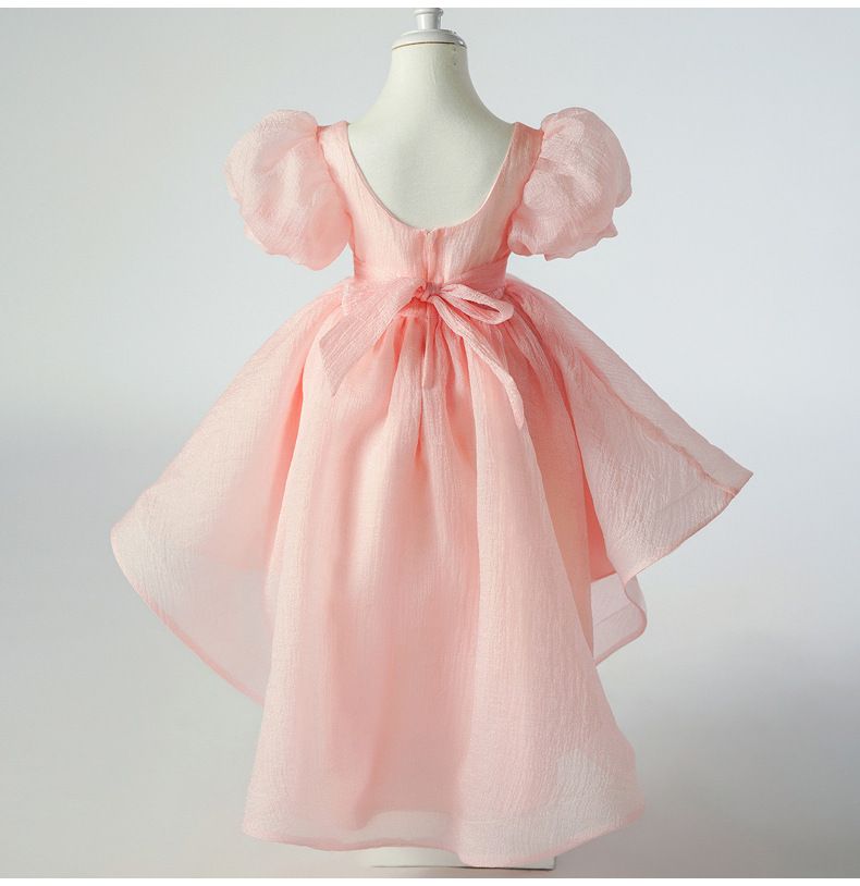 Girls' Puff Sleeve High-Low Princess Dress - 2024 Summer Collection, Elegant Bowknot Party and Birthday Outfit