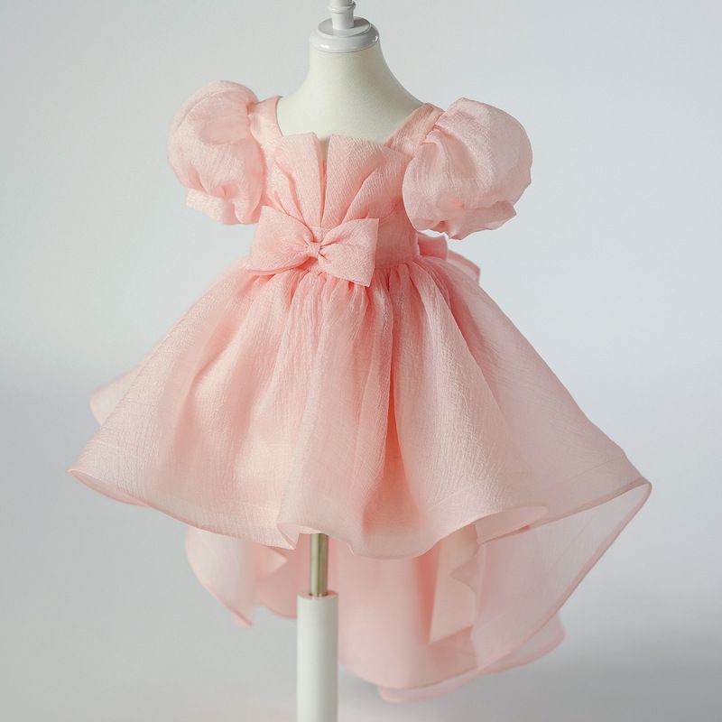 Girls' Puff Sleeve High-Low Princess Dress - 2024 Summer Collection, Elegant Bowknot Party and Birthday Outfit