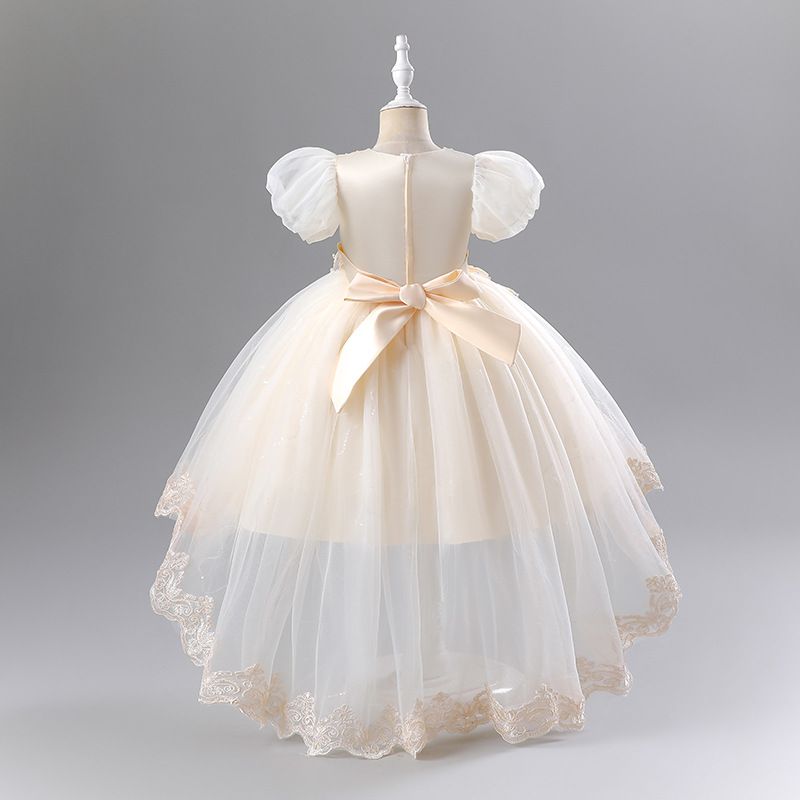 Elegant princess dress for girls, fluffy tulle gown with lace embroidery and train, perfect for parties, birthdays and performan