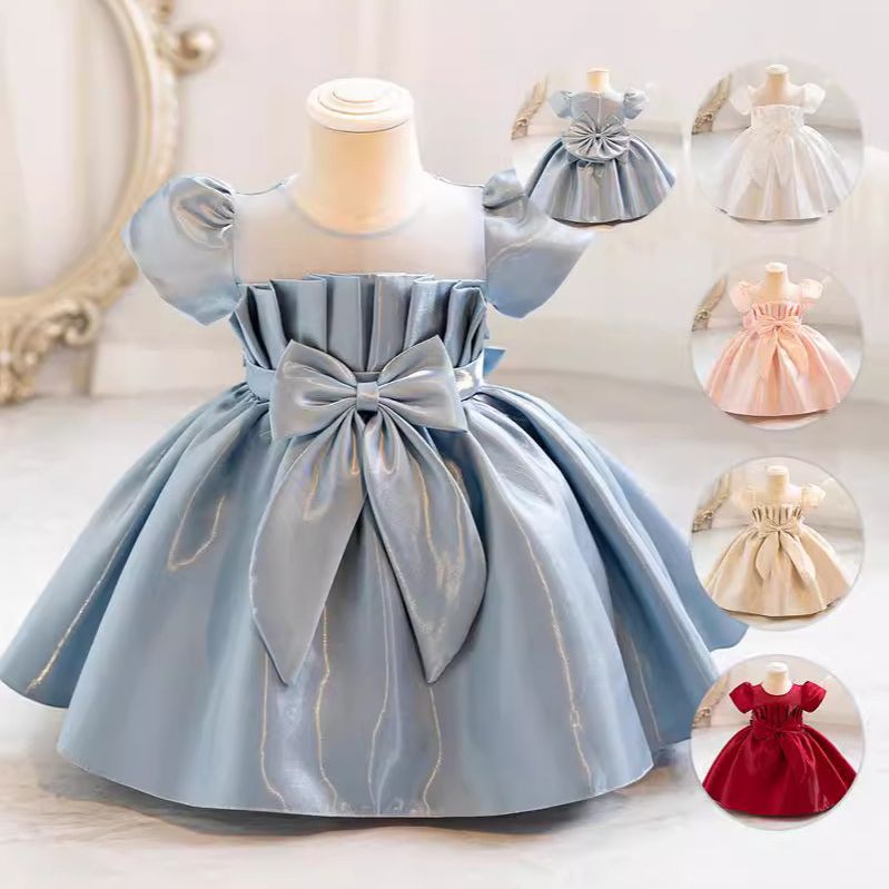 Elegant girls' satin princess tutu with puffy sleeves and bow, perfect for birthday parties, flower girls and performances