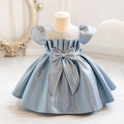 Elegant girls' satin princess tutu with puffy sleeves and bow, perfect for birthday parties, flower girls and performances