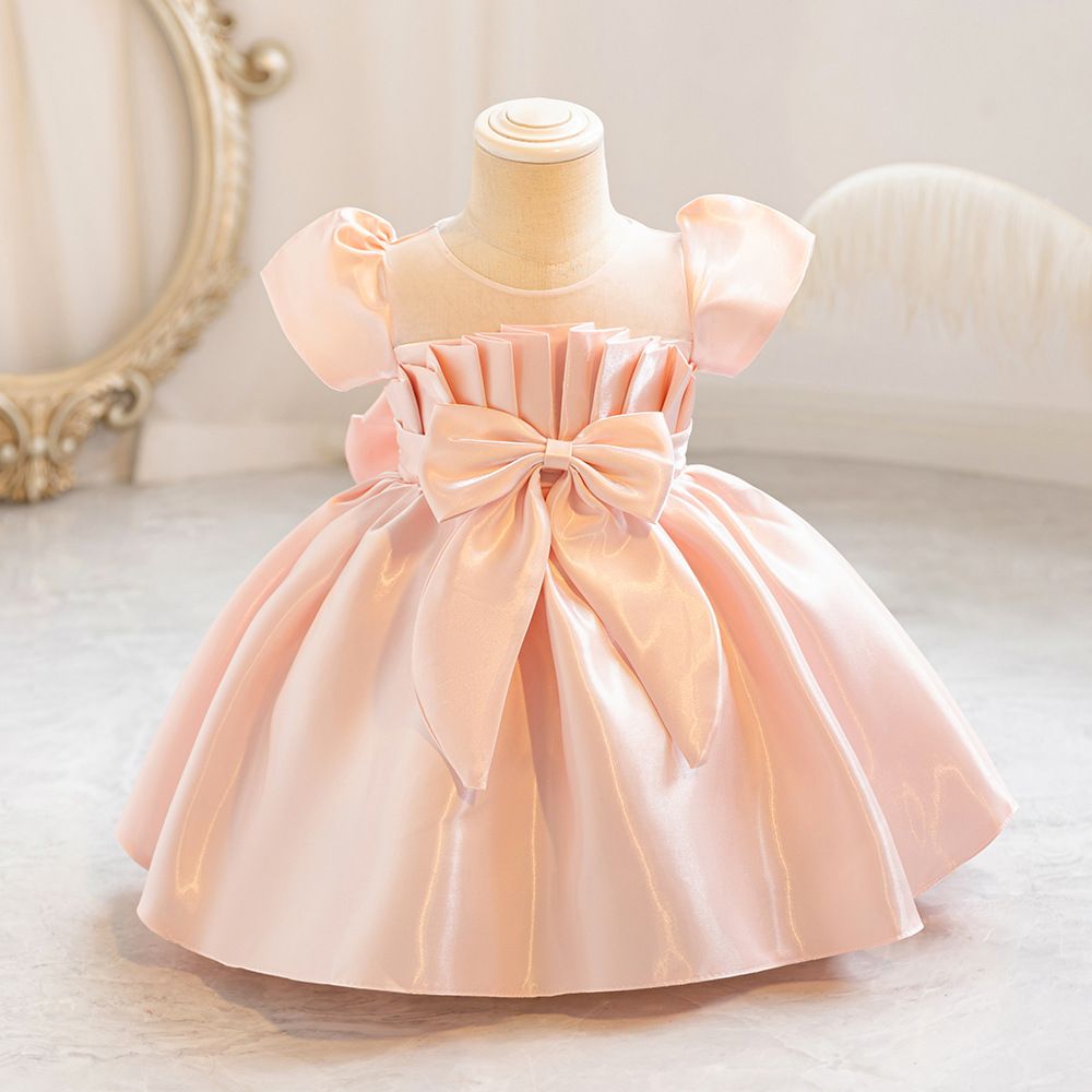 Elegant girls' satin princess tutu with puffy sleeves and bow, perfect for birthday parties, flower girls and performances