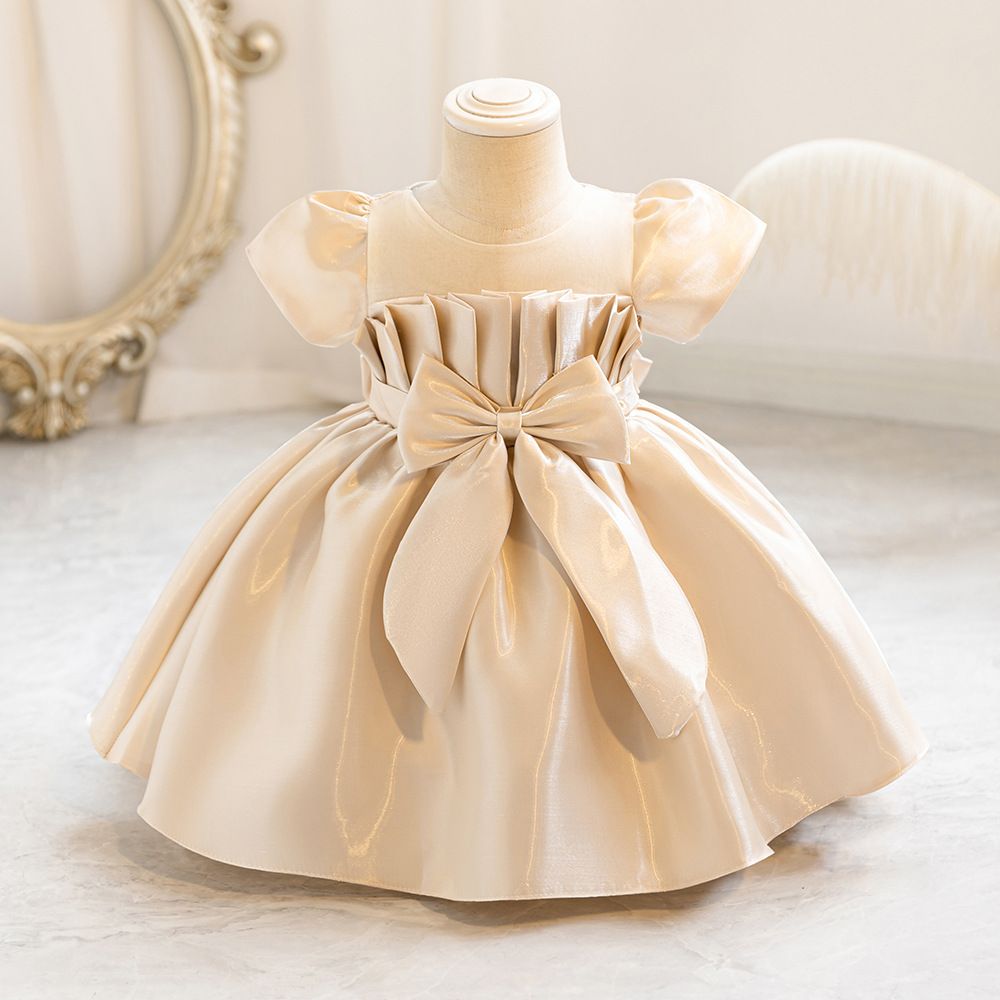 Elegant girls' satin princess tutu with puffy sleeves and bow, perfect for birthday parties, flower girls and performances