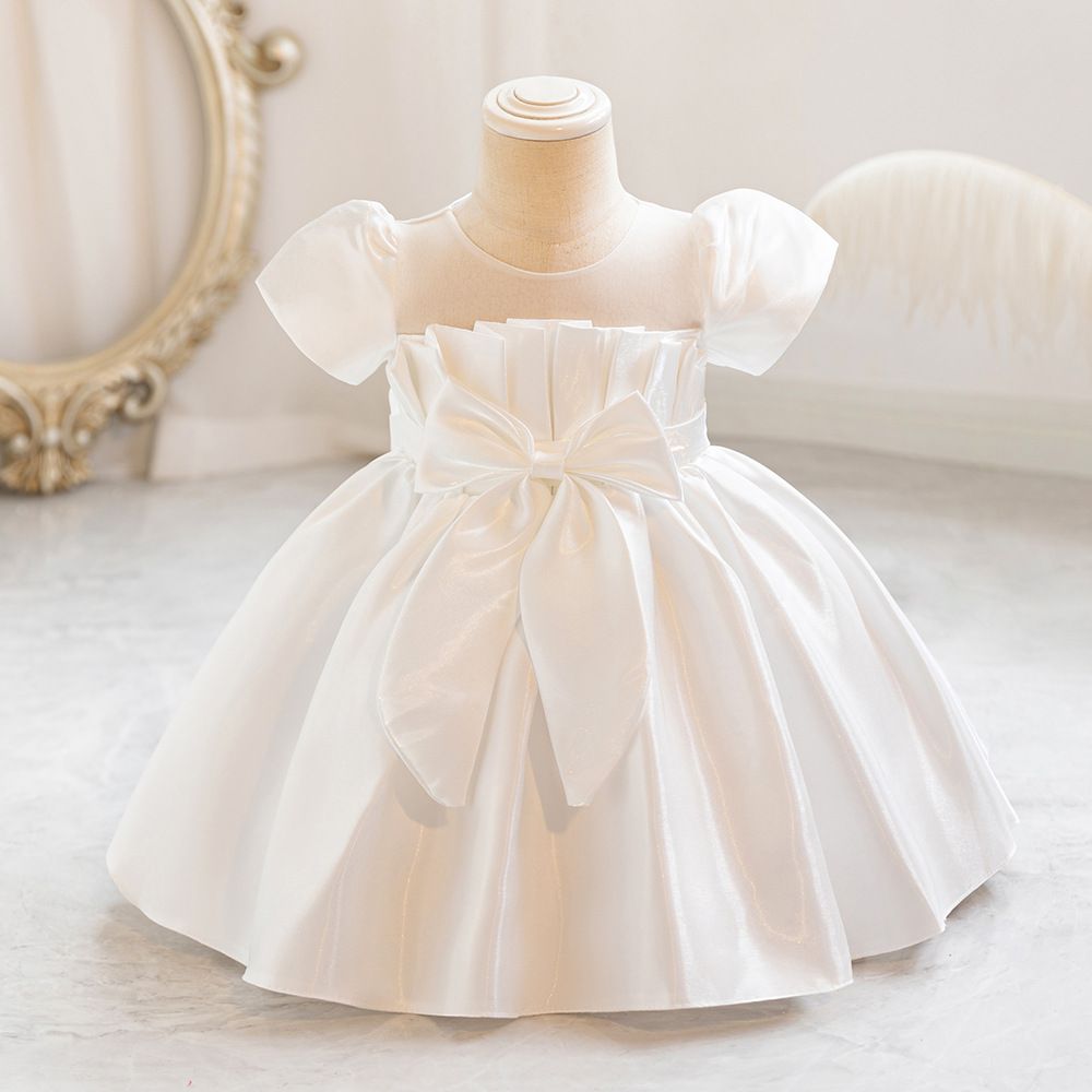 Elegant girls' satin princess tutu with puffy sleeves and bow, perfect for birthday parties, flower girls and performances