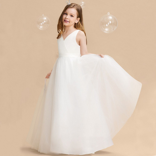 New Girls' Formal Dress, Big Girls' Princess Gown with Bowknot, Long Dress for Girls' Piano Performance, Evening Gown