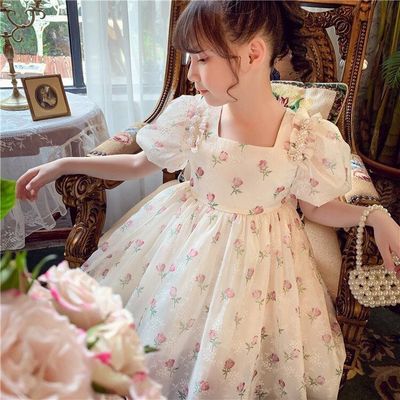 Sweet Princess Style Girls Dress Floral Children's Dress Puff Sleeve Party Dress Birthday Suit