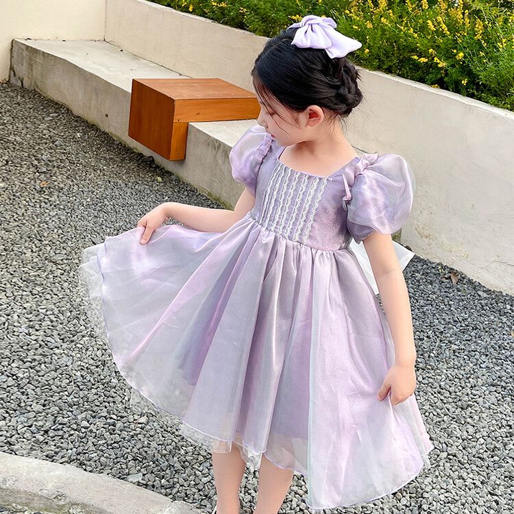 Elegant girls kids dress lavender princess floral dress with puff sleeves and big bow, perfect for parties and birthdays