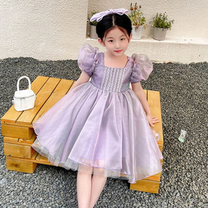 Elegant girls kids dress lavender princess floral dress with puff sleeves and big bow, perfect for parties and birthdays