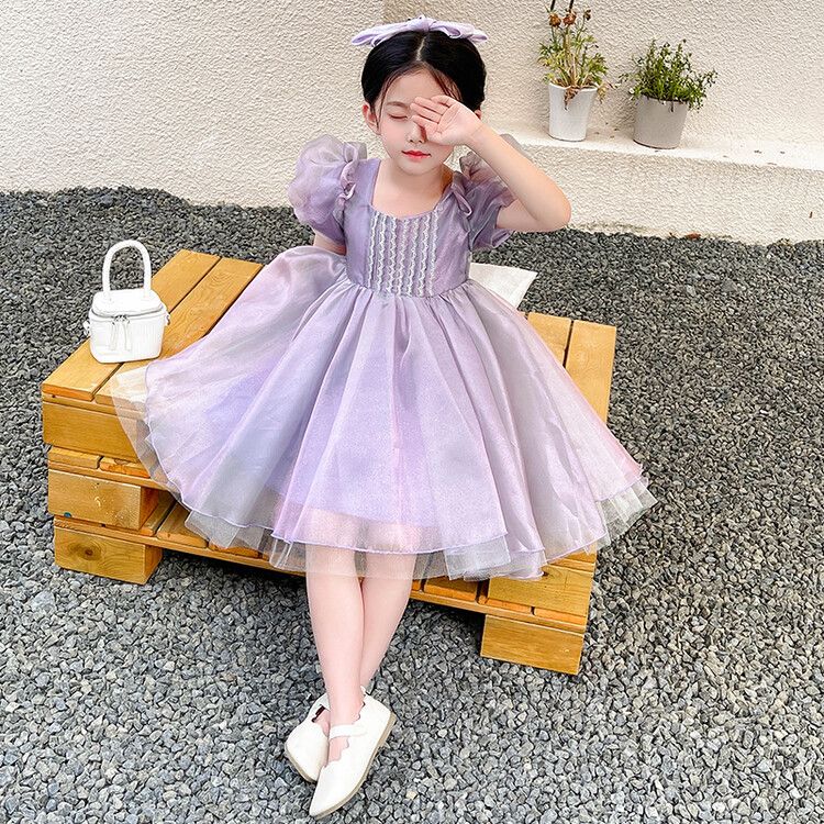 Elegant girls kids dress lavender princess floral dress with puff sleeves and big bow, perfect for parties and birthdays