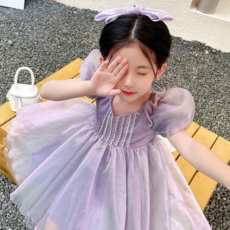 Elegant girls kids dress lavender princess floral dress with puff sleeves and big bow, perfect for parties and birthdays