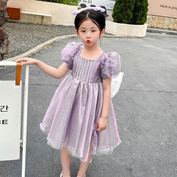 Elegant girls kids dress lavender princess floral dress with puff sleeves and big bow, perfect for parties and birthdays