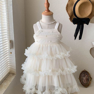 Elegant Girls' White Pearl-Embellished Tulle Dress with Ruffled Layers - Perfect for Weddings, Parties, and Special Occasions