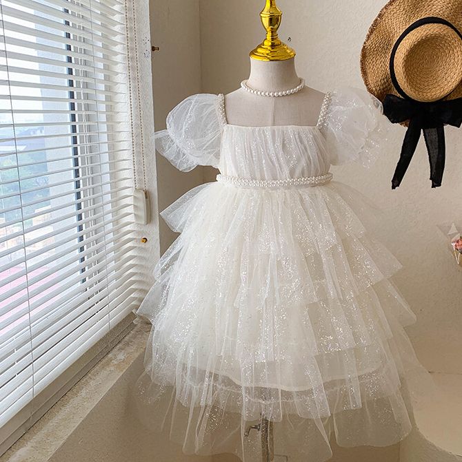 Beautiful girls glitter tulle kids dress with puffy sleeves and pearl embellishment - perfect for special occasions and parties