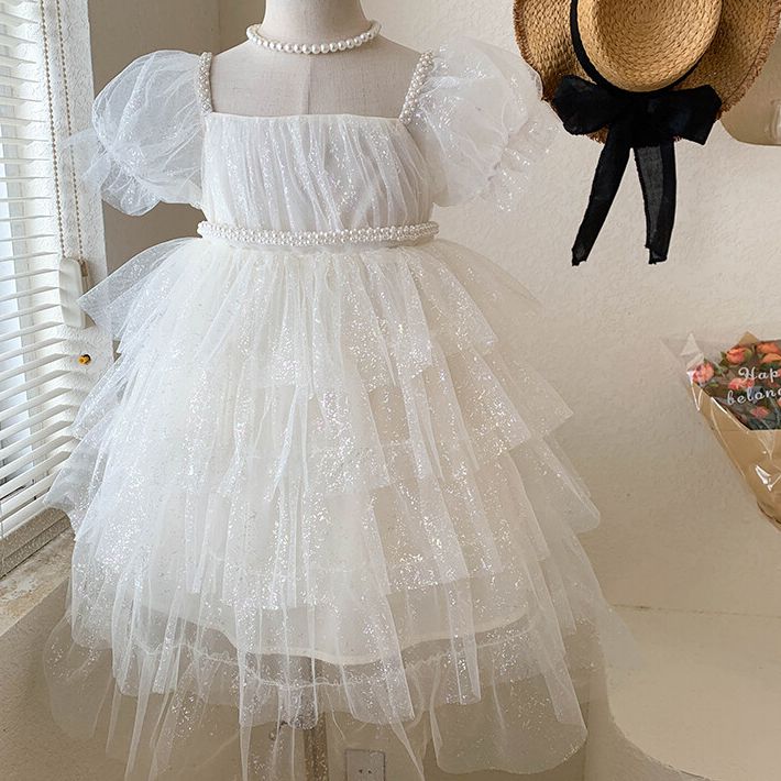 Beautiful girls glitter tulle kids dress with puffy sleeves and pearl embellishment - perfect for special occasions and parties