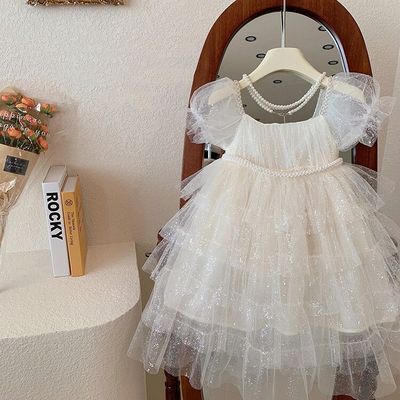 Beautiful girls glitter tulle kids dress with puffy sleeves and pearl embellishment - perfect for special occasions and parties