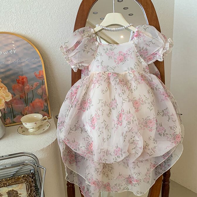 Cute girls floral puff sleeve kids dress with elegant bow and pearl detail - perfect for parties and birthdays