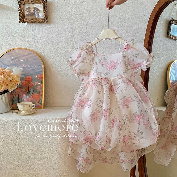 Cute girls floral puff sleeve kids dress with elegant bow and pearl detail - perfect for parties and birthdays