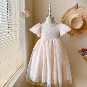 Elegant Girls Lace Princess kids Dress with Puff Sleeves and Bow - Perfect for Weddings and Special Occasions