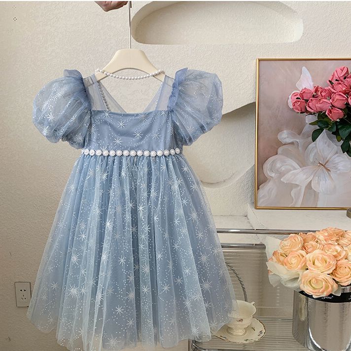 Enchanting Girls' Blue Tulle kids Dress with Star Embroidery and Puffy Sleeves - Perfect for Birthdays and Special Occasions