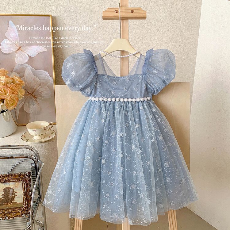 Enchanting Girls' Blue Tulle kids Dress with Star Embroidery and Puffy Sleeves - Perfect for Birthdays and Special Occasions