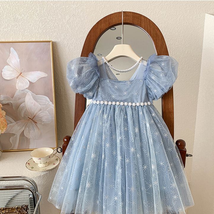 Enchanting Girls' Blue Tulle kids Dress with Star Embroidery and Puffy Sleeves - Perfect for Birthdays and Special Occasions