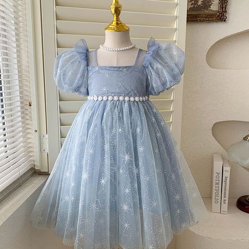 Enchanting Girls' Blue Tulle kids Dress with Star Embroidery and Puffy Sleeves - Perfect for Birthdays and Special Occasions