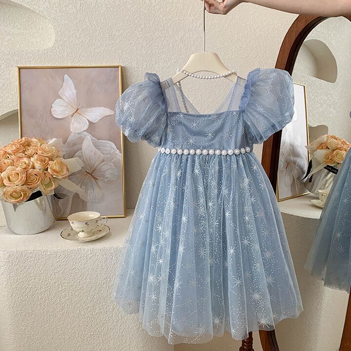 Enchanting Girls' Blue Tulle kids Dress with Star Embroidery and Puffy Sleeves - Perfect for Birthdays and Special Occasions