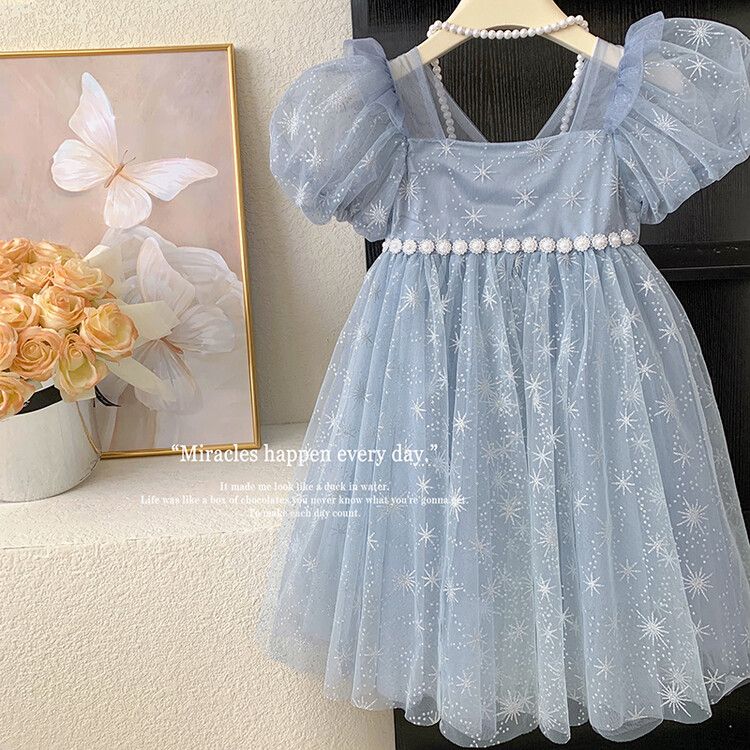 Enchanting Girls' Blue Tulle kids Dress with Star Embroidery and Puffy Sleeves - Perfect for Birthdays and Special Occasions