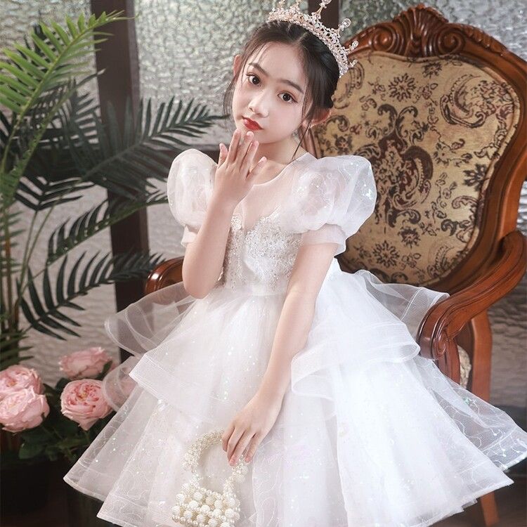 Princess Kids Dress with Puffy Sleeves and Lace Embellishments - Ideal for Special Occasions and Parties