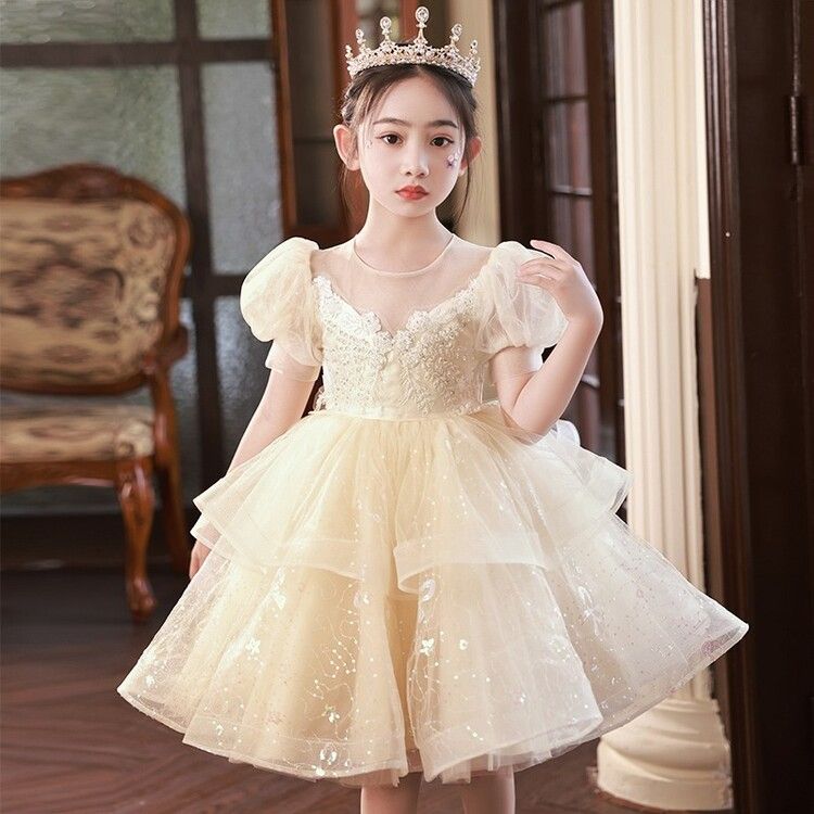 Princess Kids Dress with Puffy Sleeves and Lace Embellishments - Ideal for Special Occasions and Parties