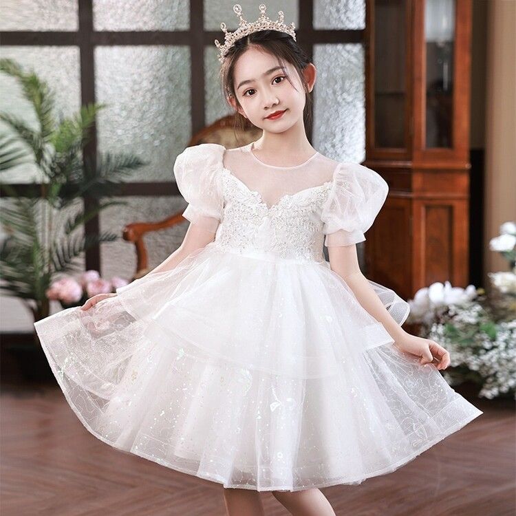 Princess Kids Dress with Puffy Sleeves and Lace Embellishments - Ideal for Special Occasions and Parties