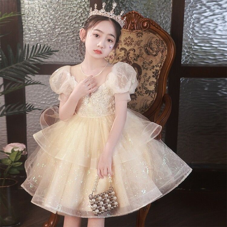 Princess Kids Dress with Puffy Sleeves and Lace Embellishments - Ideal for Special Occasions and Parties