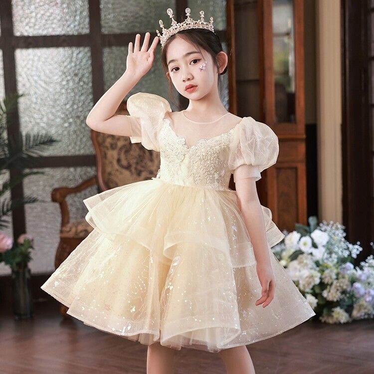 Princess Kids Dress with Puffy Sleeves and Lace Embellishments - Ideal for Special Occasions and Parties