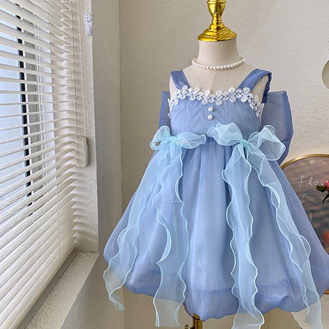 Elegant Blue Princess Kids Dress with Lace Trim and Bow - Girls Birthday Party Dress Set