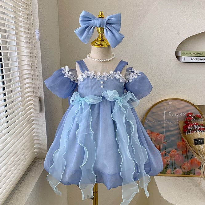 Elegant Blue Princess Kids Dress with Lace Trim and Bow - Girls Birthday Party Dress Set