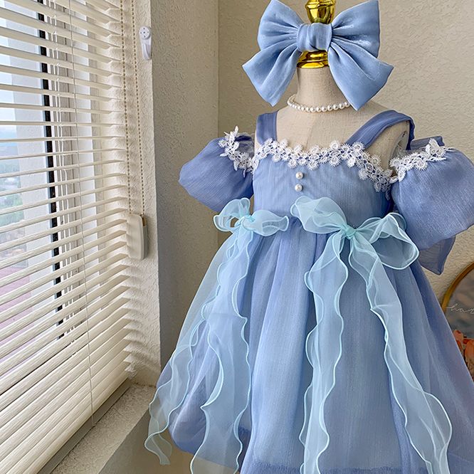 Elegant Blue Princess Kids Dress with Lace Trim and Bow - Girls Birthday Party Dress Set