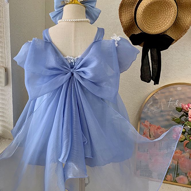 Elegant Blue Princess Kids Dress with Lace Trim and Bow - Girls Birthday Party Dress Set