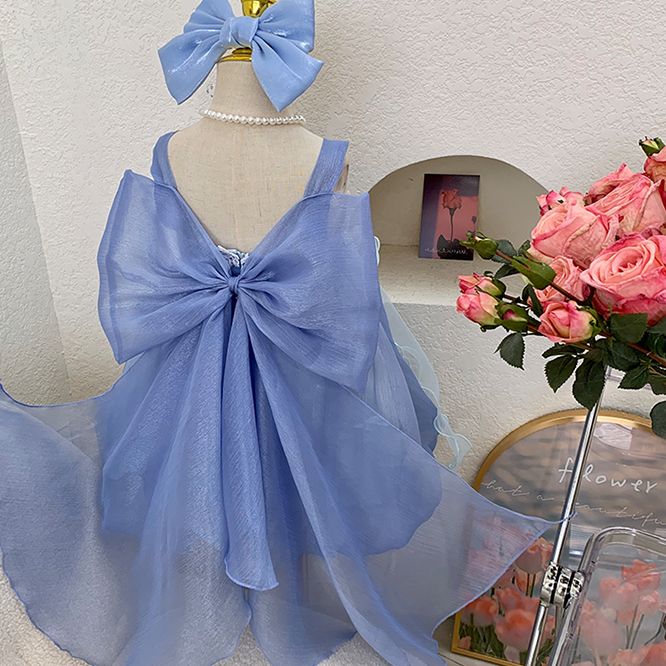 Elegant Blue Princess Kids Dress with Lace Trim and Bow - Girls Birthday Party Dress Set