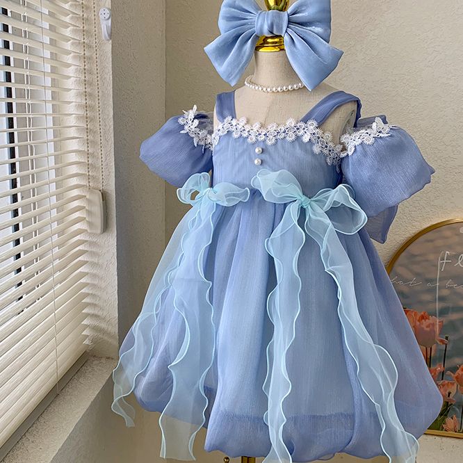 Elegant Blue Princess Kids Dress with Lace Trim and Bow - Girls Birthday Party Dress Set