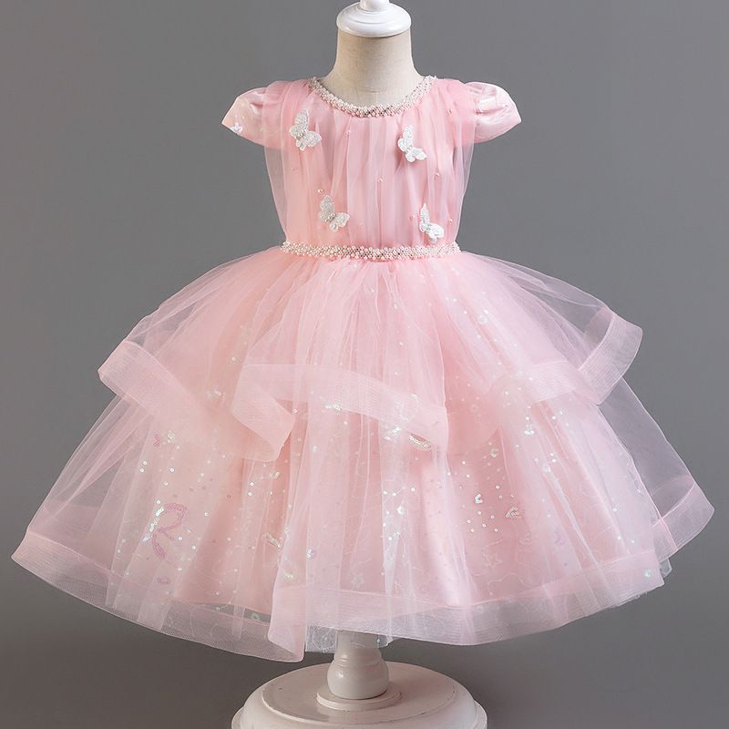 Elegant Butterfly kids Dress Gown Puff Skirt, Pearl Embellished Gauze Skirt - Girls Tulle Party Dresses