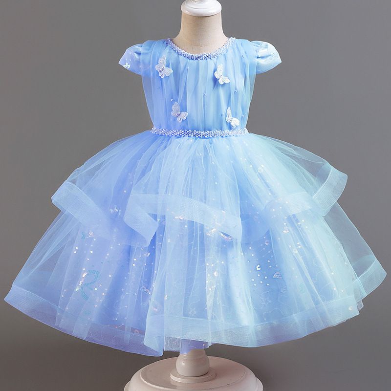 Elegant Butterfly kids Dress Gown Puff Skirt, Pearl Embellished Gauze Skirt - Girls Tulle Party Dresses