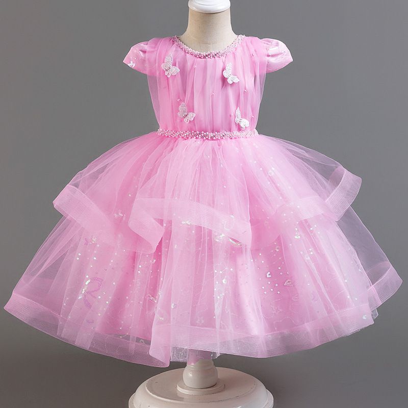 Elegant Butterfly kids Dress Gown Puff Skirt, Pearl Embellished Gauze Skirt - Girls Tulle Party Dresses