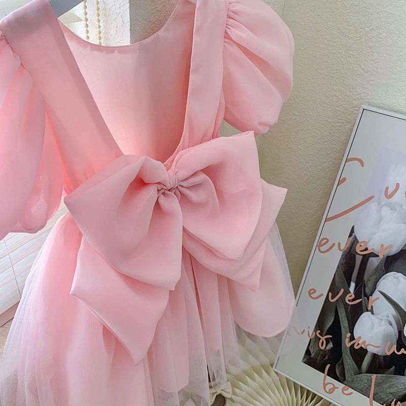 Adorable Pink Kids Dress with Puff Sleeves and Large Bow - Girls' Tulle Party Dress