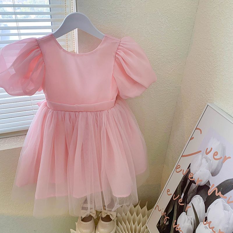 Adorable Pink Kids Dress with Puff Sleeves and Large Bow - Girls' Tulle Party Dress