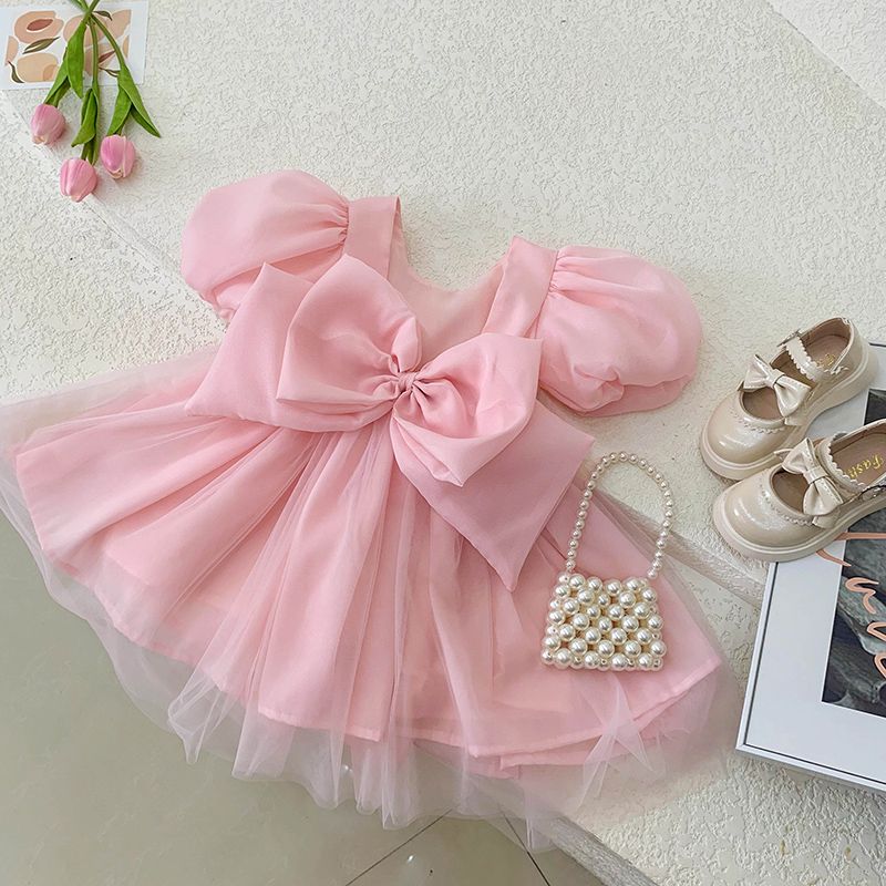 Adorable Pink Kids Dress with Puff Sleeves and Large Bow - Girls' Tulle Party Dress