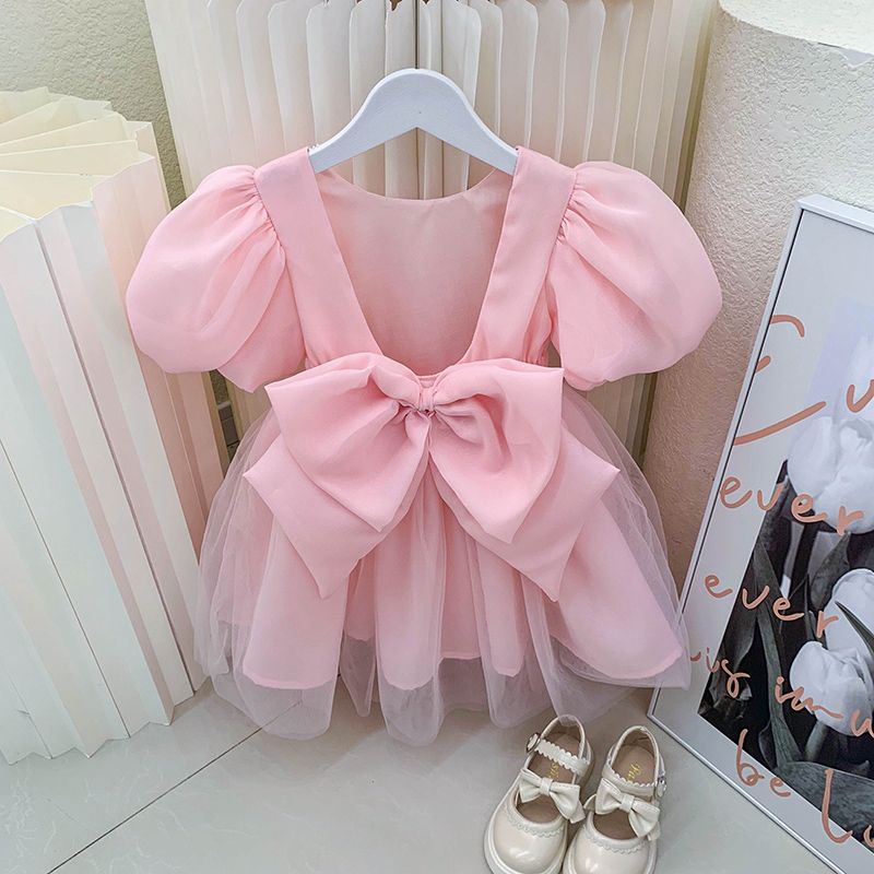 Adorable Pink Kids Dress with Puff Sleeves and Large Bow - Girls' Tulle Party Dress