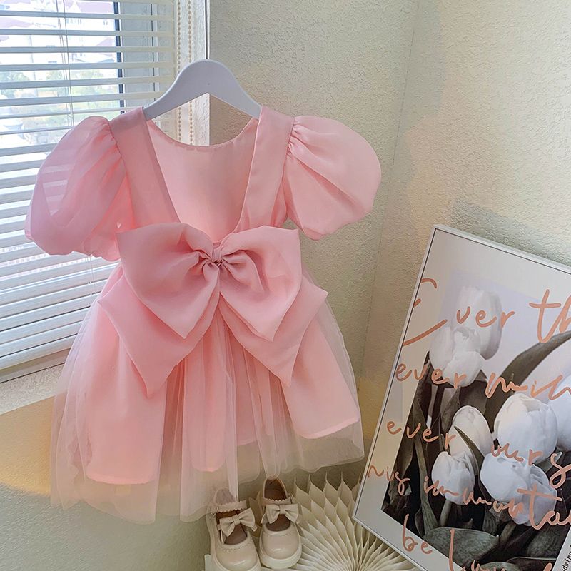 Adorable Pink Kids Dress with Puff Sleeves and Large Bow - Girls' Tulle Party Dress