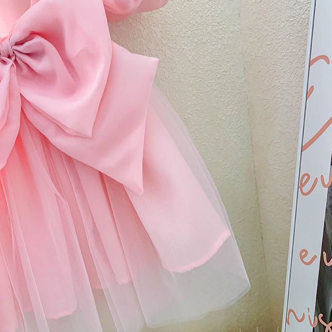 Adorable Pink Kids Dress with Puff Sleeves and Large Bow - Girls' Tulle Party Dress