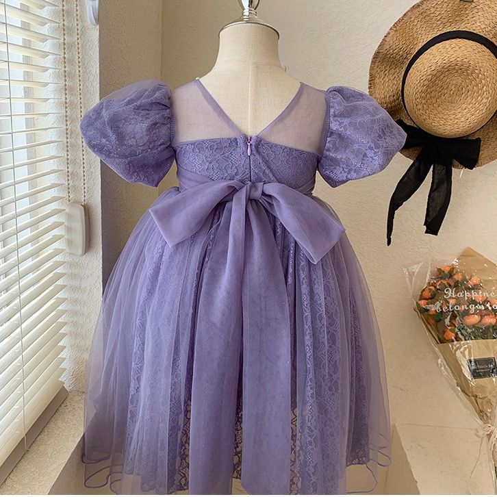 Elegant Purple Lace Kids Dress with Puff Sleeves and Bow - Girls' Tulle Party Gown